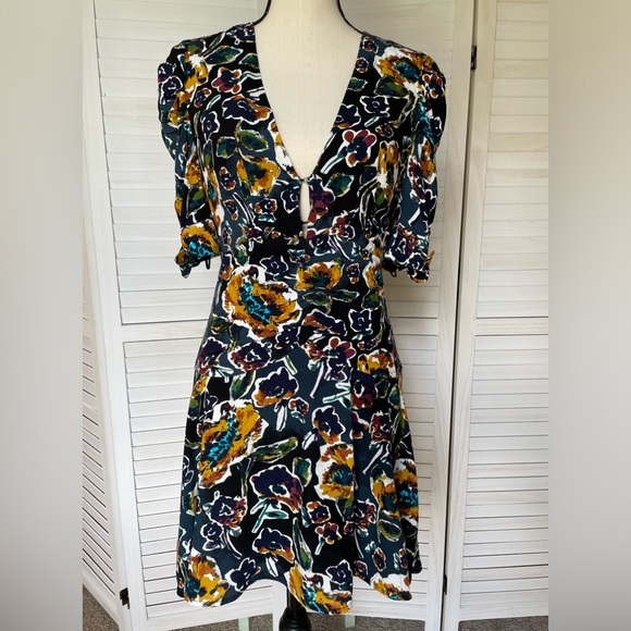Free People Dresses & Skirts - Free People Floral Dress Babydoll Flowy Rayon Sz 2 Short Sleeve Black Blue Green